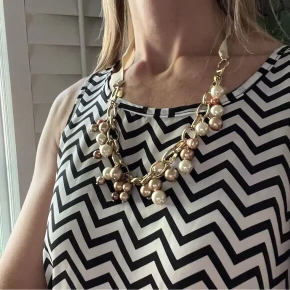 J. Crew Blush Pink & Cream Pearls on Gold Links with Ribbon Tie Necklace - Picture 2 of 4